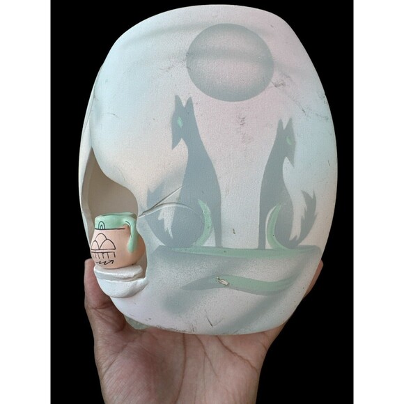 Vintage Artist Signed Southwest Candle Vase Handcrafted Pottery Wolf - Picture 3 of 9